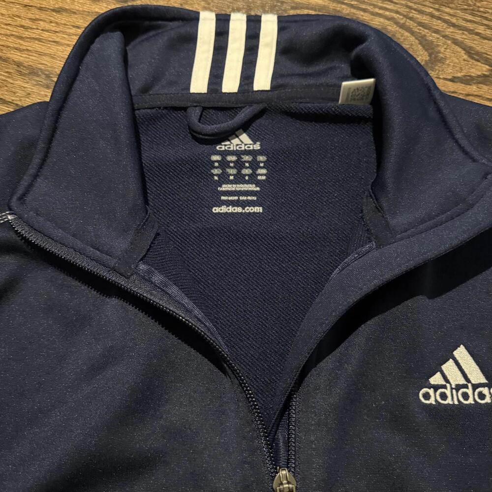 NWOT Men's Adidas Navy Blue & White Quarter Zip Fleece Lined Pullover Medium - Picture 5 of 6